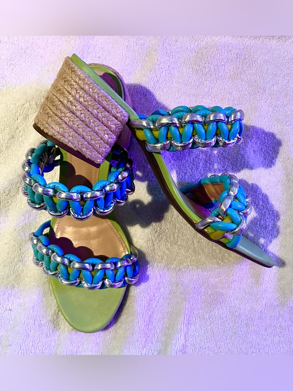 SCHUTZ Green and Blue Braided Espadrille Heels